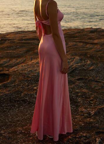 Women's Satin Prom Dress Sleeveless V-Neck Tie Front Open Back Bow Tie Evening Gown Formal Cocktail Party Dress in Saudi Arabia