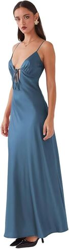 Women's Satin Prom Dress Sleeveless V-Neck Tie Front Open Back Bow Tie Evening Gown Formal Cocktail Party Dress in Saudi Arabia