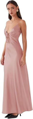 Women's Satin Prom Dress Sleeveless V-Neck Tie Front Open Back Bow Tie Evening Gown Formal Cocktail Party Dress in Saudi Arabia