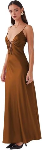 Women's Satin Prom Dress Sleeveless V-Neck Tie Front Open Back Bow Tie Evening Gown Formal Cocktail Party Dress in Saudi Arabia