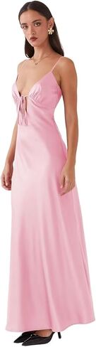 Women's Satin Prom Dress Sleeveless V-Neck Tie Front Open Back Bow Tie Evening Gown Formal Cocktail Party Dress in Saudi Arabia
