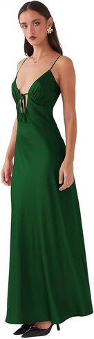 Women's Satin Prom Dress Sleeveless V-Neck Tie Front Open Back Bow Tie Evening Gown Formal Cocktail Party Dress in Saudi Arabia