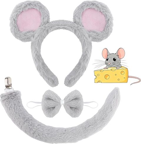 Canitor Mouse Costume Accessory Set Rat Ears Headband Tail and Bow Tie Fancy Dress Costume Kit Chipmunk Cosplay for Adults in Saudi Arabia