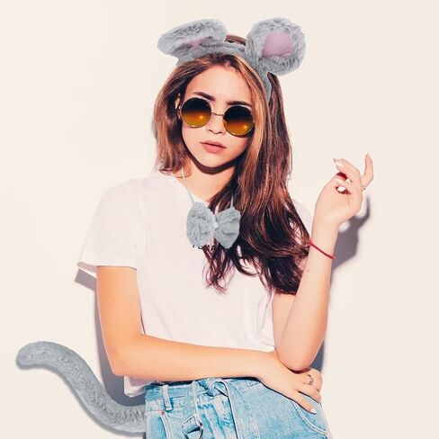 Canitor Mouse Costume Accessory Set Rat Ears Headband Tail and Bow Tie Fancy Dress Costume Kit Chipmunk Cosplay for Adults in Saudi Arabia