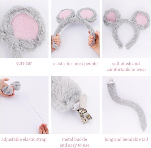 Canitor Mouse Costume Accessory Set Rat Ears Headband Tail and Bow Tie Fancy Dress Costume Kit Chipmunk Cosplay for Adults in Saudi Arabia