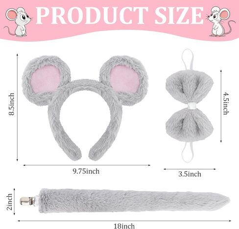 Canitor Mouse Costume Accessory Set Rat Ears Headband Tail and Bow Tie Fancy Dress Costume Kit Chipmunk Cosplay for Adults in Saudi Arabia