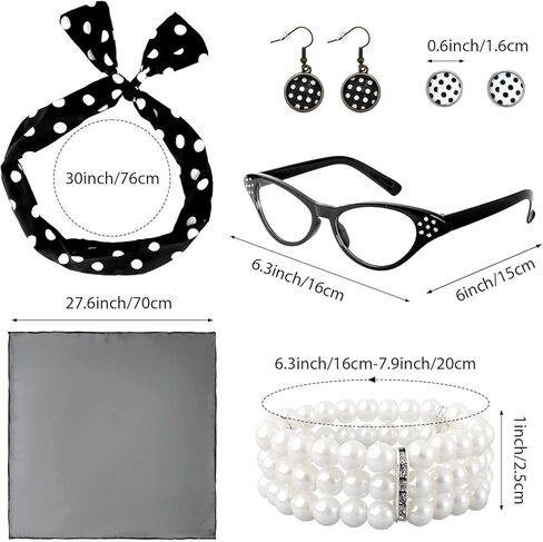 7 Pcs 50's Women Costume Accessories Set Glasses Scarf Bandana Headband Earrings Bracelet for Girls Party Halloween in Saudi Arabia