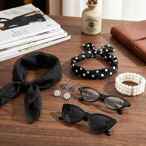 7 Pcs 50's Women Costume Accessories Set Glasses Scarf Bandana Headband Earrings Bracelet for Girls Party Halloween in Saudi Arabia