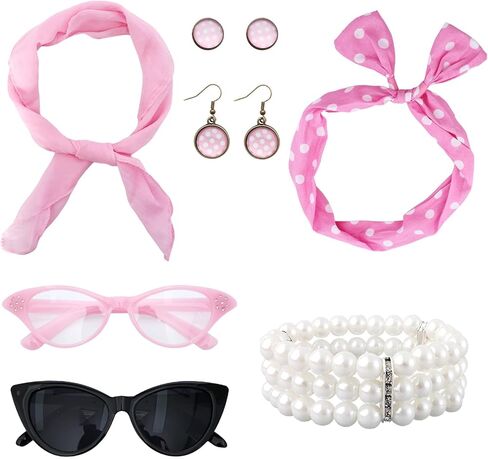 7 Pcs 50's Women Costume Accessories Set Glasses Scarf Bandana Headband Earrings Bracelet for Girls Party Halloween in Saudi Arabia