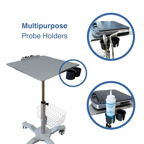 عربة الموجات فوق الصوتية المتنقلة ذات الارتفاع القابل للتعديل مع حاملات المسبار وسلة سلكية وعجلات قابلة للقفل - عربة المرافق الطبية لأجهزة الموجات فوق الصوتية على طراز الكمبيوتر المحمول in Kuwait