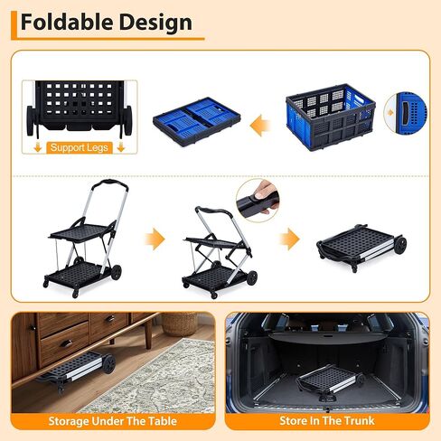 Lightweight Folding Shopping Cart with Wheels Removable Basket & Bungee Cord, Collapsible Grocery Cart on Wheels Portable for Groceries Laundry Travel, Heavy Duty 360° Rolling, Blue in Saudi Arabia