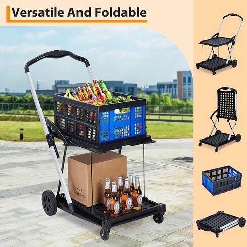 Lightweight Folding Shopping Cart with Wheels Removable Basket & Bungee Cord, Collapsible Grocery Cart on Wheels Portable for Groceries Laundry Travel, Heavy Duty 360° Rolling, Blue in Saudi Arabia