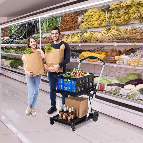 Lightweight Folding Shopping Cart with Wheels Removable Basket & Bungee Cord, Collapsible Grocery Cart on Wheels Portable for Groceries Laundry Travel, Heavy Duty 360° Rolling, Blue in Saudi Arabia