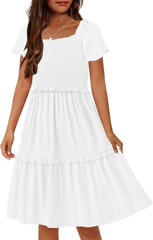 فستان HOSIKA الصيفي للفتيات منقط سويسري مكشكش بطبقات سوينغ بوهو متوسط ​​الطول مع جيوب لعمر 6-12 سنة in Kuwait