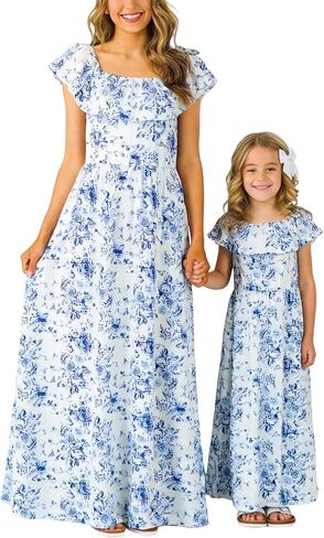 Mommy and Me Summer Off Shoulder Beach Maxi Dresses with Pocket for Mother’s Day, Easter, Family Photos in Kuwait