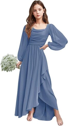 Girls Holiday Dresses Chiffon Long Sleeve Cowl Neck Junior Bridesmaid Dresses for Teen Girls 2-16 Formal Party Gown in Saudi Arabia