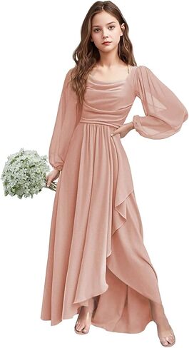 Girls Holiday Dresses Chiffon Long Sleeve Cowl Neck Junior Bridesmaid Dresses for Teen Girls 2-16 Formal Party Gown in Saudi Arabia