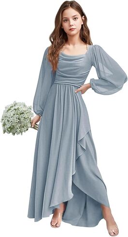 Girls Holiday Dresses Chiffon Long Sleeve Cowl Neck Junior Bridesmaid Dresses for Teen Girls 2-16 Formal Party Gown in Saudi Arabia