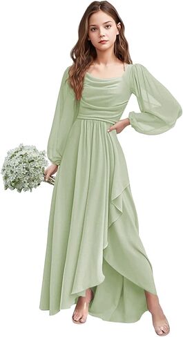 Girls Holiday Dresses Chiffon Long Sleeve Cowl Neck Junior Bridesmaid Dresses for Teen Girls 2-16 Formal Party Gown in Saudi Arabia