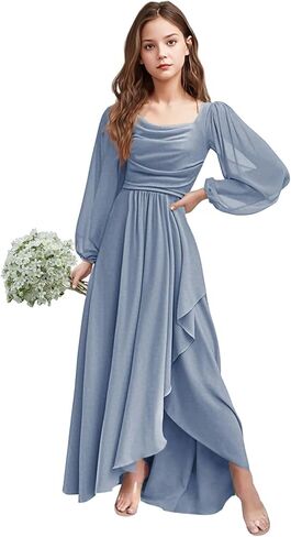 Girls Holiday Dresses Chiffon Long Sleeve Cowl Neck Junior Bridesmaid Dresses for Teen Girls 2-16 Formal Party Gown in Saudi Arabia
