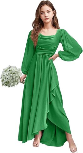 Girls Holiday Dresses Chiffon Long Sleeve Cowl Neck Junior Bridesmaid Dresses for Teen Girls 2-16 Formal Party Gown in Saudi Arabia