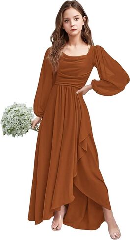 Girls Holiday Dresses Chiffon Long Sleeve Cowl Neck Junior Bridesmaid Dresses for Teen Girls 2-16 Formal Party Gown in Saudi Arabia