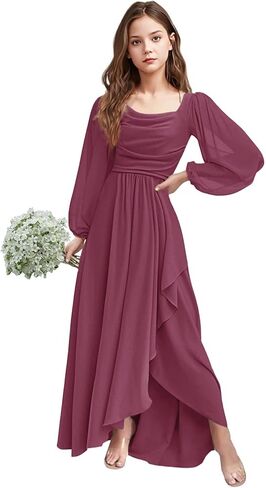 Girls Holiday Dresses Chiffon Long Sleeve Cowl Neck Junior Bridesmaid Dresses for Teen Girls 2-16 Formal Party Gown in Saudi Arabia