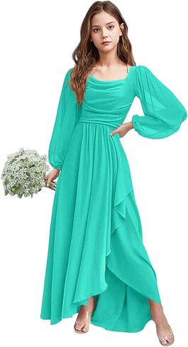 Girls Holiday Dresses Chiffon Long Sleeve Cowl Neck Junior Bridesmaid Dresses for Teen Girls 2-16 Formal Party Gown in Kuwait