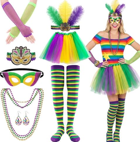 JATEBI 10 PCS Carnival Costume Accessory Set for Women Men Included Tutu Skirt Outfit Feather Headband for Parade Party in Saudi Arabia