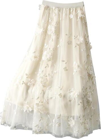 Womens Tulle Maxi Skirt Floral Embroidery High Waisted Double Layered Skirts A Line Cute Party Casual Outfits in Kuwait