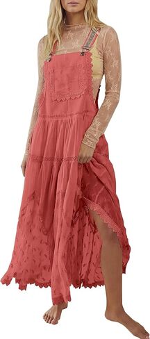 Gacaky Summer Dress for Women Casual Floral Embroidered Bohemian Dress Adjustable Straps Bib Maxi Flowy Dress with Pockets in Kuwait