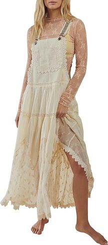 Gacaky Summer Dress for Women Casual Floral Embroidered Bohemian Dress Adjustable Straps Bib Maxi Flowy Dress with Pockets in Kuwait