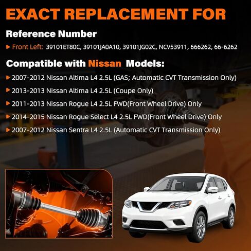 66-6262 CV Axle Shaft Assembly Front Left Driver Side - Compatible with Nissan Altima 2.5L CVT(2007-2013), Rogue 2.5L FWD(2011-2015), Sentra 2.5L CVT(2007-2012)-Replaces OEM# NCV53911, 666262 in Saudi Arabia
