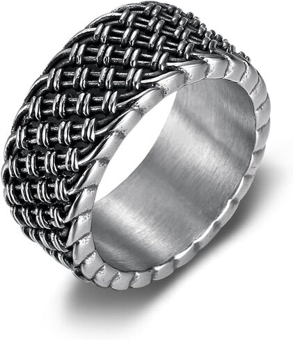 خاتم Kemstone الرجالي المنسوج من الفولاذ المقاوم للصدأ - خاتم واسع من نسيج الشرير العتيق in Kuwait