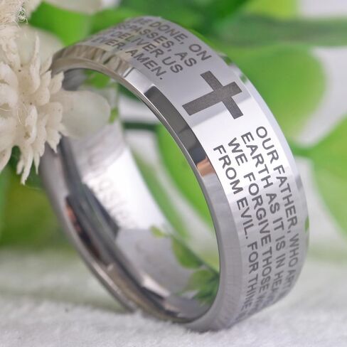 CLOUD DANCER خاتم زفاف من التنجستن مقاس 8 مم منقوش عليه صلاة الأب والصليب - خواتم الزفاف المسيحية - خواتم دينية من الكتاب المقدس - نقش مخصص مجاني in Kuwait