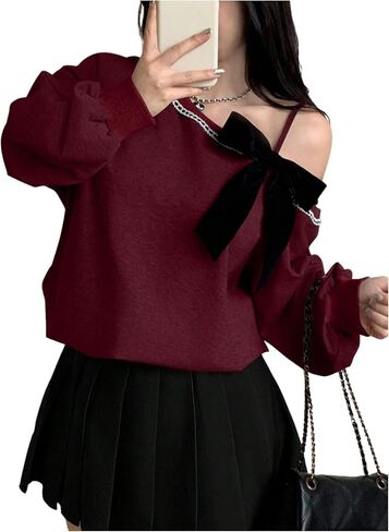 SOLY HUX Women's Cold Shoulder Bow Sweatshirt Long Sleeve Asymmetrical Neck Cute Holiday Pullover Tops in Saudi Arabia