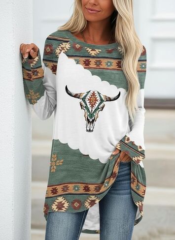 Womens Long Sleeve T Shirts Aztec Cow Print Western Henley Tops Ladies Graphic Tees Casual crewl Neck Loose Fit Blouse in Saudi Arabia