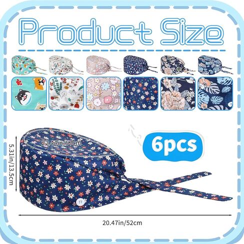 6 Pcs Bouffant Scrub Caps, Cute Scrub Cap, Nurse Caps for Women Nursing, Surgical Cap Nurse Hats with Buttons and Sweatband Adjustable Tie, Gifts for Nurses Women Multicolor in Saudi Arabia