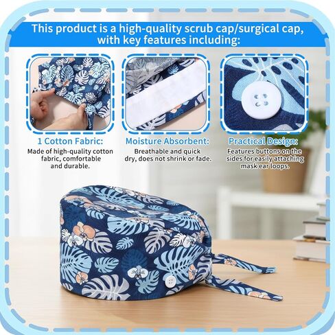 6 Pcs Bouffant Scrub Caps, Cute Scrub Cap, Nurse Caps for Women Nursing, Surgical Cap Nurse Hats with Buttons and Sweatband Adjustable Tie, Gifts for Nurses Women Multicolor in Saudi Arabia