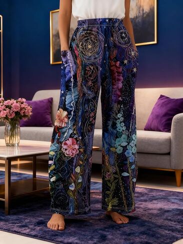 Women's Colorful Printed Wide Leg Casual Pants Elastic Waist Loose Trousers Daily Streetwear Vacation Versatile Pants in Saudi Arabia