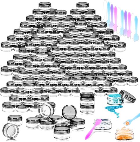 MotBach 100 قطعة 5 جرام من الحاويات البلاستيكية الفارغة مع أغطية شفافة، حاويات عينات مكياج صغيرة، برطمانات صغيرة لعينات التجميل، برطمانات مستحضرات تجميل مستديرة مع ملاعق صغيرة لعينات مسحوق الكريمات السائلة in Kuwait