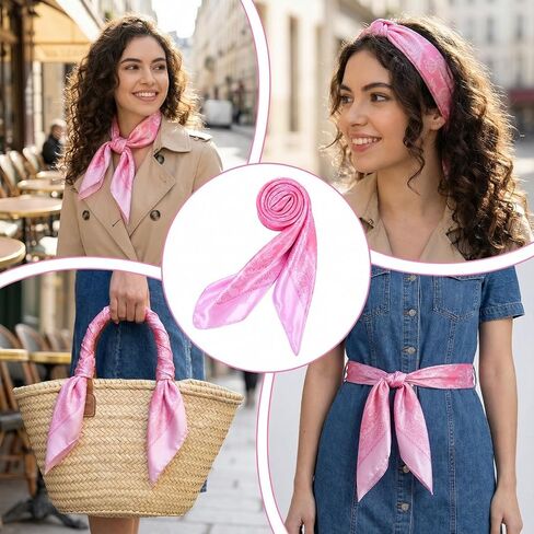 Square Pink Head Scarf, 35in Polyester Hair Scarf Flower Pink Bandana Satin Silk Hair Wrap Neck Scarves in Saudi Arabia