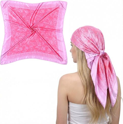 Square Pink Head Scarf, 35in Polyester Hair Scarf Flower Pink Bandana Satin Silk Hair Wrap Neck Scarves in Saudi Arabia