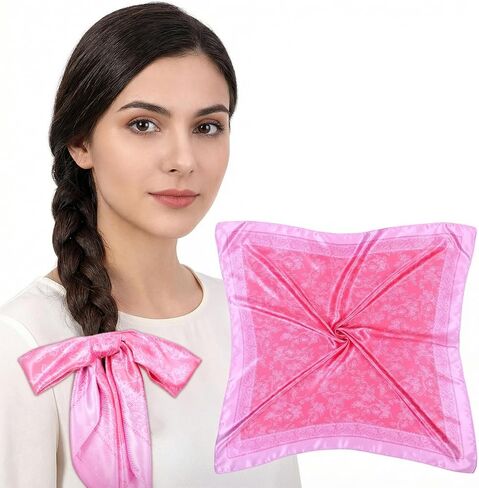 Square Pink Head Scarf, 35in Polyester Hair Scarf Flower Pink Bandana Satin Silk Hair Wrap Neck Scarves in Saudi Arabia