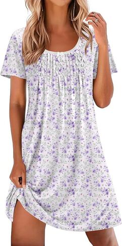Ekouaer Pleated Nightgowns for Women Lace Trim Night Gown Ladies Sleep Dress in Saudi Arabia
