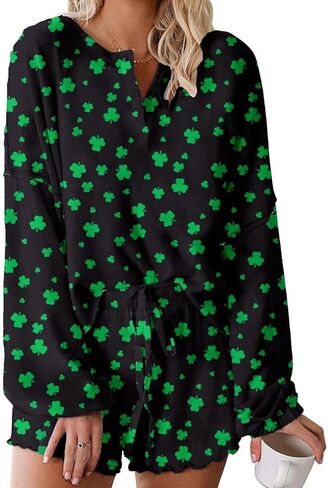 Roshop st patricks day pajamas Women Ruffle Long Sleeve Sets Holiday Lucky Irish Shamrock Pjs in Kuwait