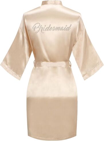 رداء نسائي لوصيفة العروس قصير من الساتان مقاس واحد فضي بأحجار الراين وحفلات الزفاف الاستعداد لملابس النوم in Kuwait