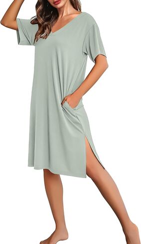 Ekouaer Women Plus Size Nightgown Bamboo Viscose Sleep Shirt Short Sleeve Nightshirt Oversized tshirt Nightdress with Pockets in Saudi Arabia