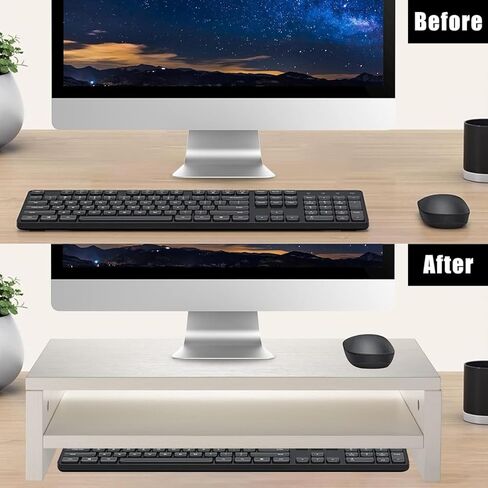 16.7" White Monitor Stand - 2 Tier Wooden Monitor Riser for PC Screen/Printer in Kuwait