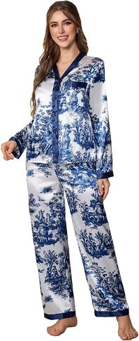 WDIRARA Women's Graphic Satin Pajama Sets Long Sleeve Button Down Pants Pjs 2 Piece Sleepwear in Saudi Arabia